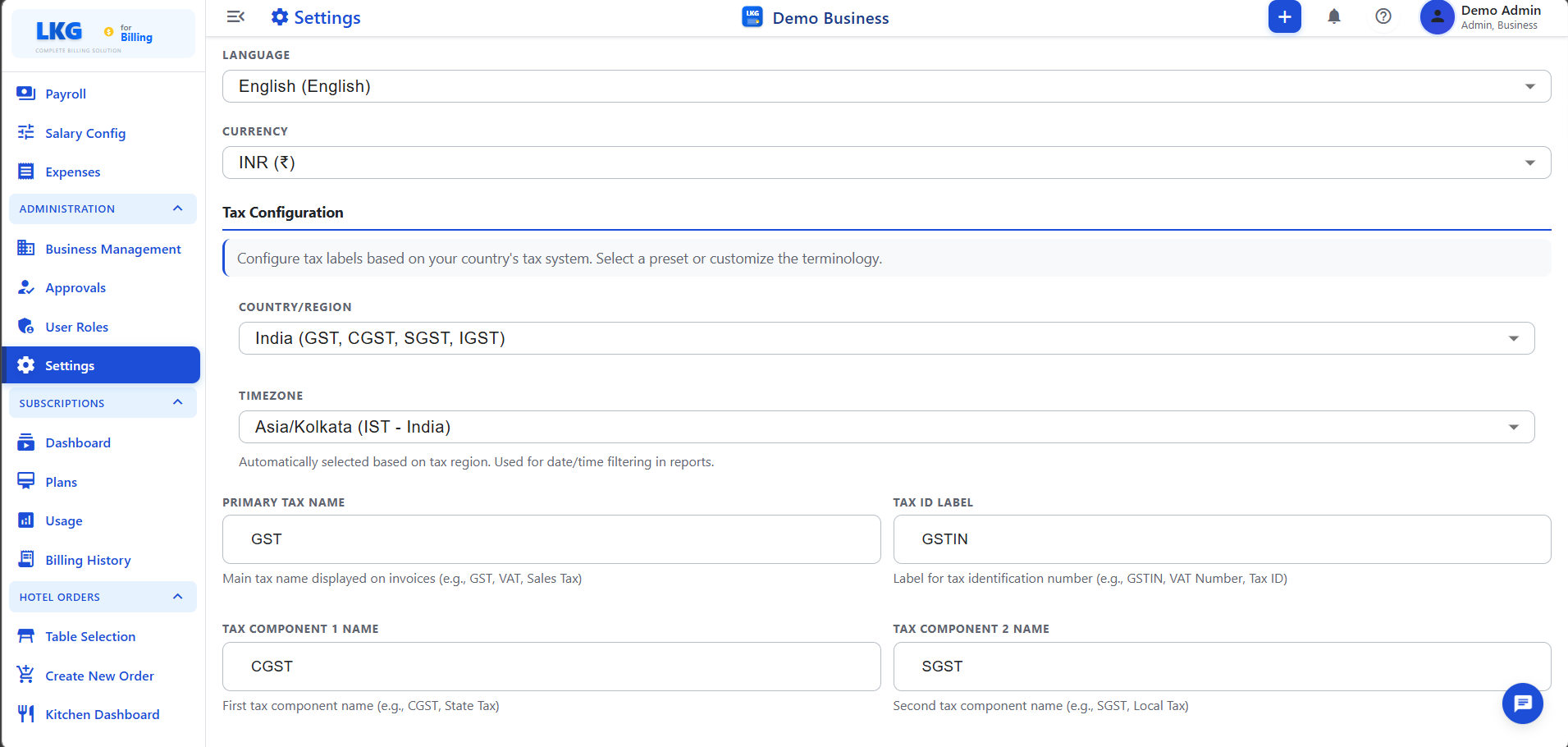 Settings - Language, Currency &amp; Tax Configuration